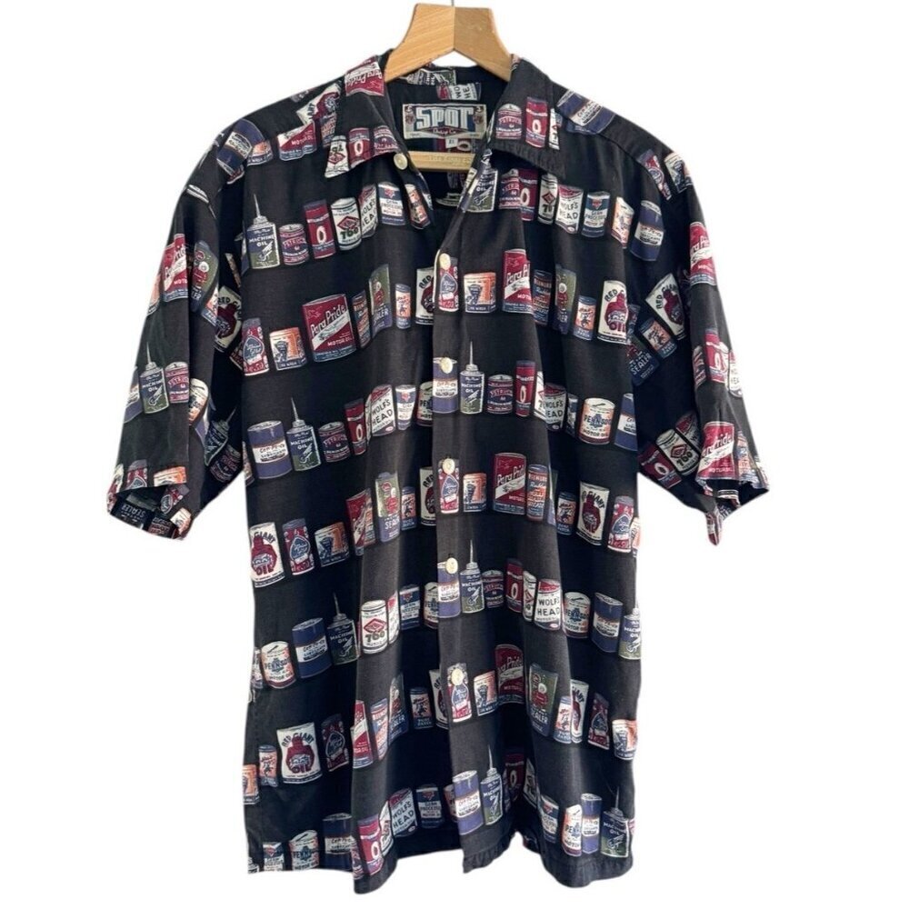 Spot Clothing Co Beer Mens Sz XL Button Up Shirt Oil Cans Vintage 90s